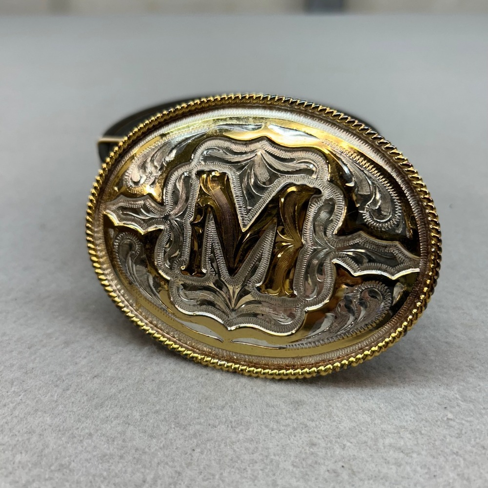Vintage Western Leather Belt Two Tone Initial M Trophy Buckle 34 Made in USA